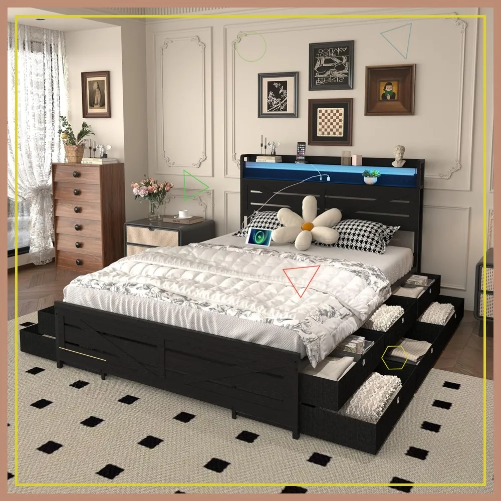 Queen Size Storage Bed Frame with LED Lights, USB Charging, 12 Drawers, No Box Spring Needed - Black