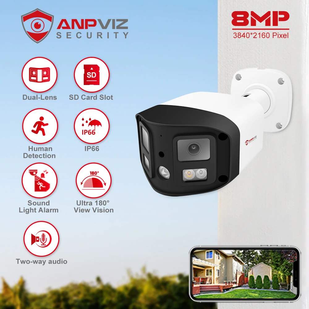 Anpviz 8MP Dual Lens POE Camera Ultra Wide Angel 180° Panoramic Security Camera Full Color Human Detection Audio Warning Alarm
