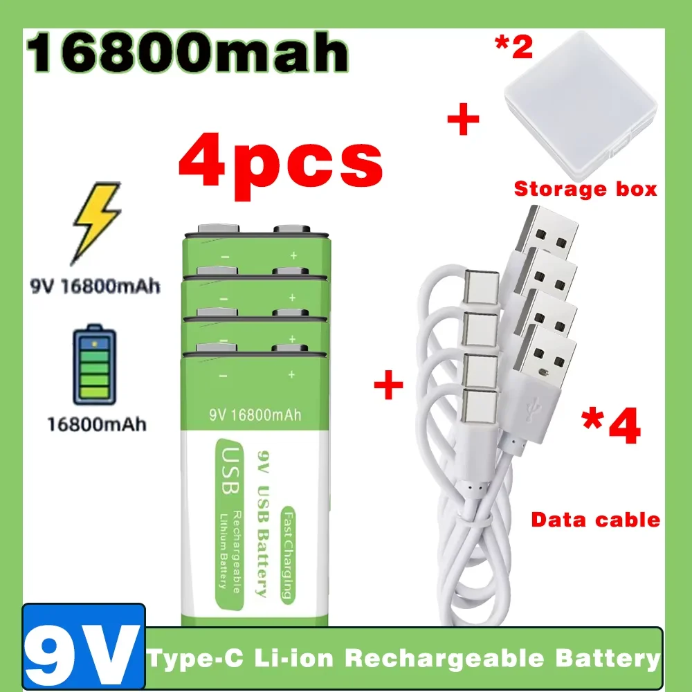 New 9V 16800mAh Rechargeable Lithium-Ion Battery w/Micro USB, Ultra High Capacity for Multimeter, Microphone, Toys, Remote Co