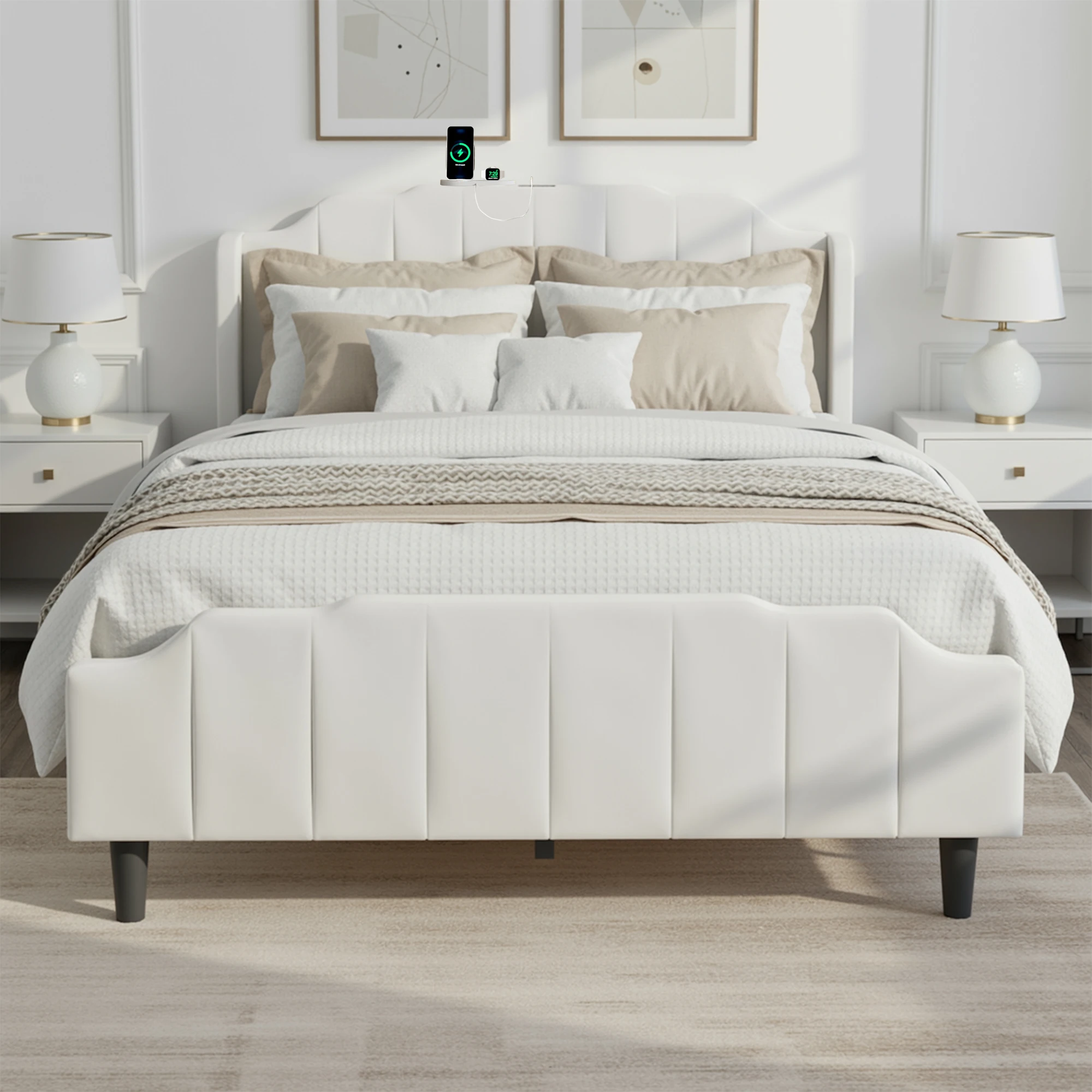 HOOMIC Full/Queen Size Velvet Platform Bed Frame with Curved Vertical Tufted Wingback Headboard and Footboard, Charging Station