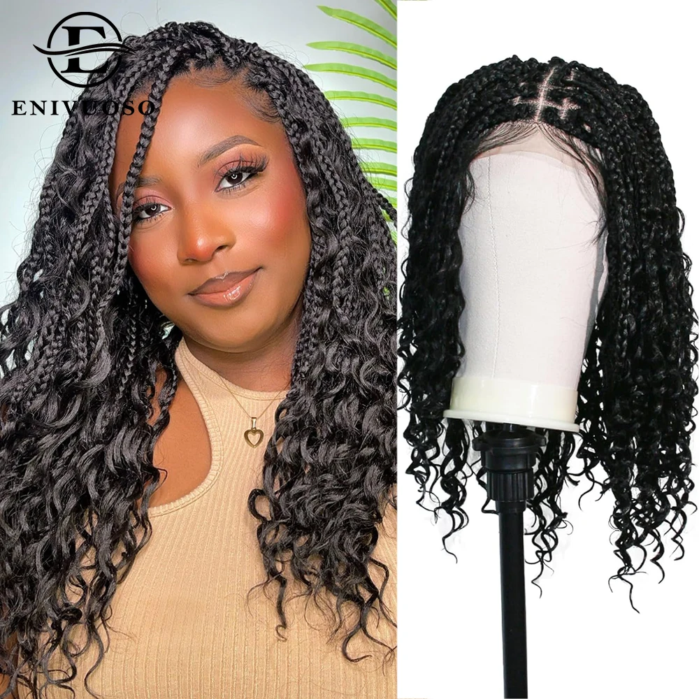 Boho Knotless Box Braided Wigs Full Double Lace Short Braid Wig for Black Women Human Hair Blended Braided Wig with Boho Curls