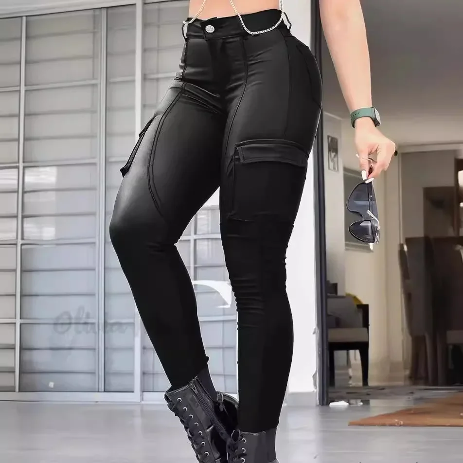 Fashionable Low Waist Long Leather Pants Black Matte Tight Casual Trousers Pocket Design Women's Full-Length Pants