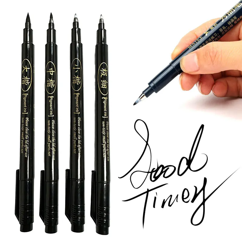 4Pcs/set Calligraphy Brush Pens, Hand Lettering Pens Soft and Hard Tip Water Based Black Ink Marker Set Art Drawings Markers