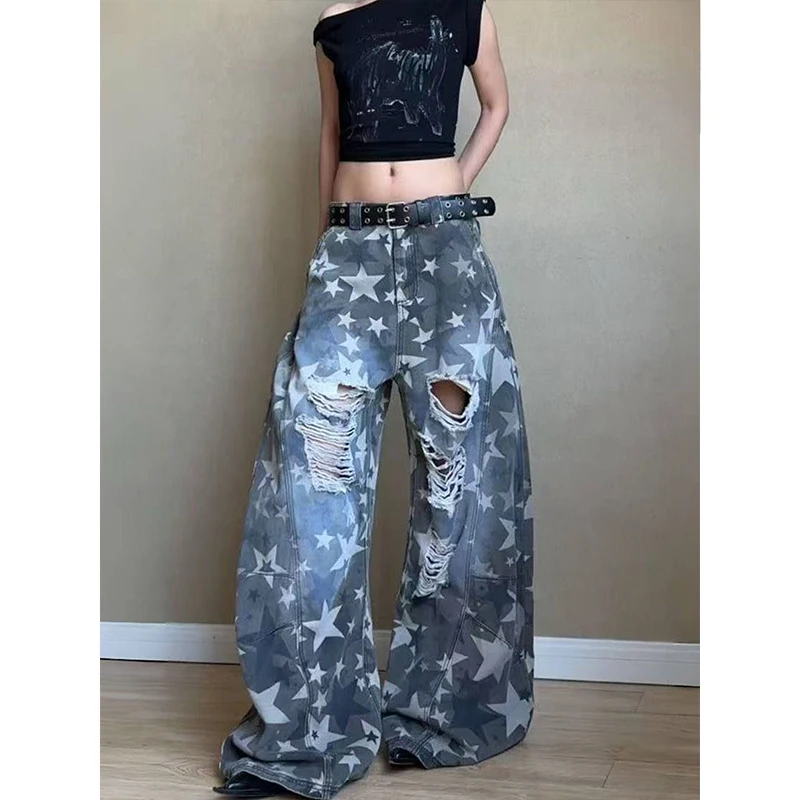 Ripped Washed Casual Loose Straight Leg Jeans Women's Summer New Style American High Street Vintage Long Pants