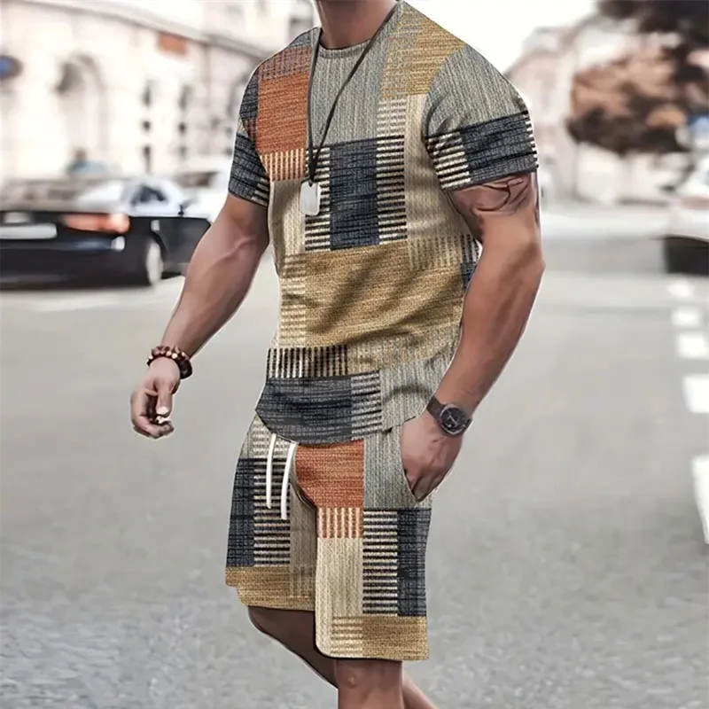2024 Fashion Men's Sportswear Short Sleeve T Shirt And Sports Shorts Summer Casual Vintage Patchwork Suit Men's Two Piece Suit