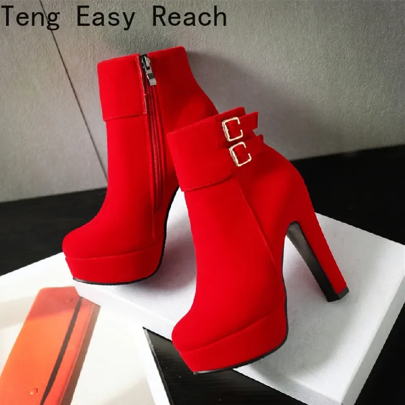 Fashion Women Ankle Boots Round Head Platform High Heel Boots Pumps Female Sexy Stiletto Zipper Stretch Fabrics Boots Black Red