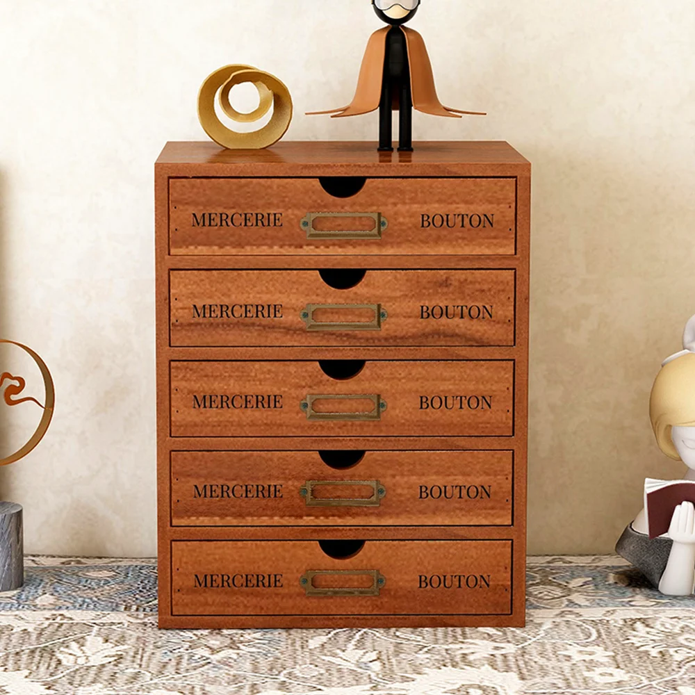 Wooden Drawer Storage Cabinet Jewelry Small Accessories Organizer Box Office Supplies Storage Organizer 5-Tier Cabinet
