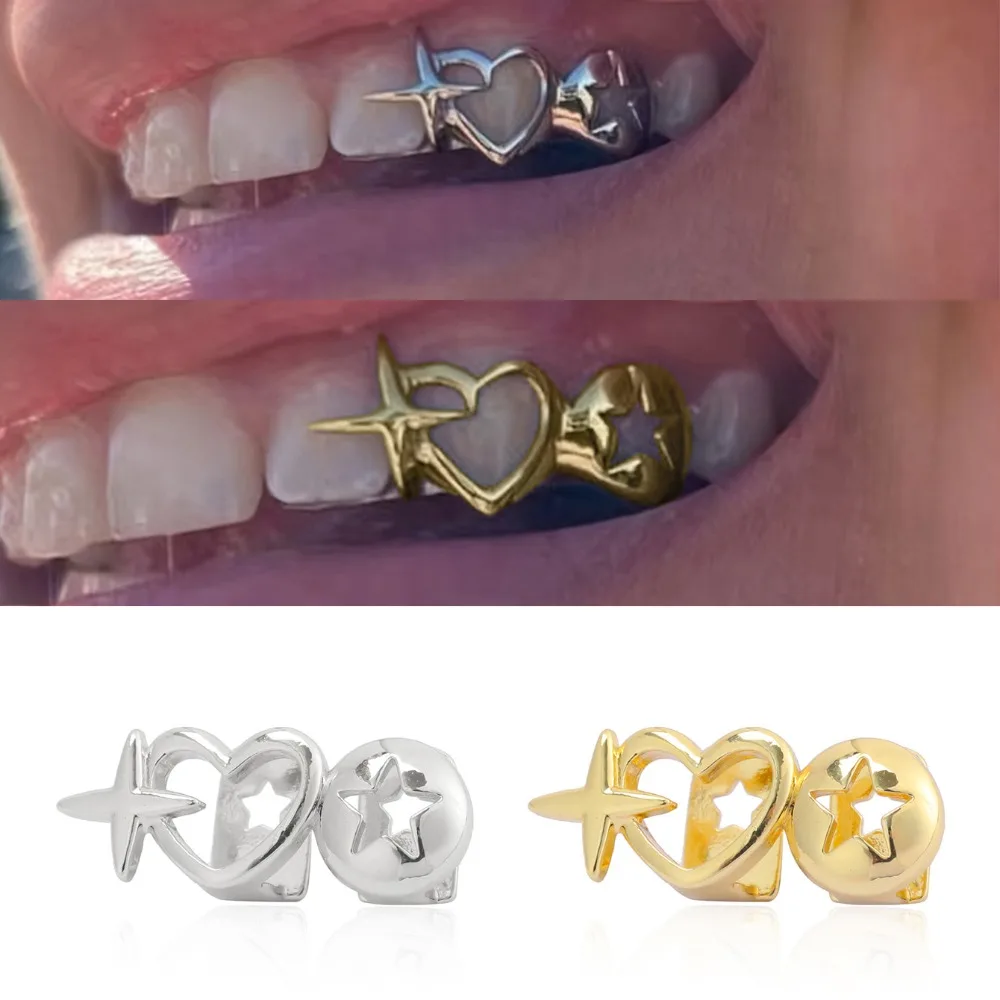 Hip-hop Personality Double Hollowed-out Heart Shape Stars Stainless Steel Dental Grills for Women Men Halloween Teeth Jewelry