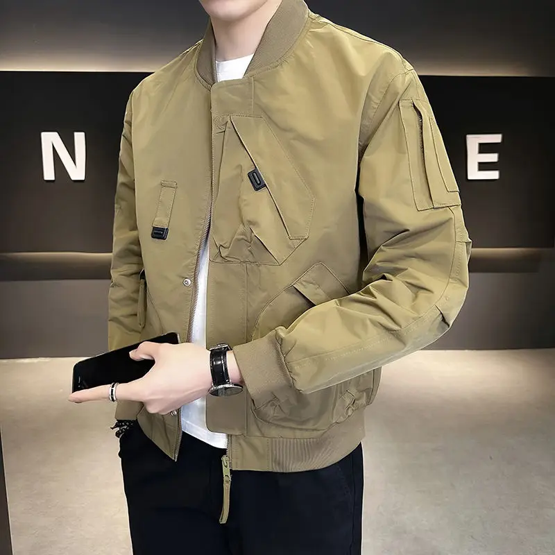 Workwear Casual Jacket Men's Spring Autumn New Cool Ruffian Flying Jacket American Style Solid Color Baseball Coats Arm Pocket