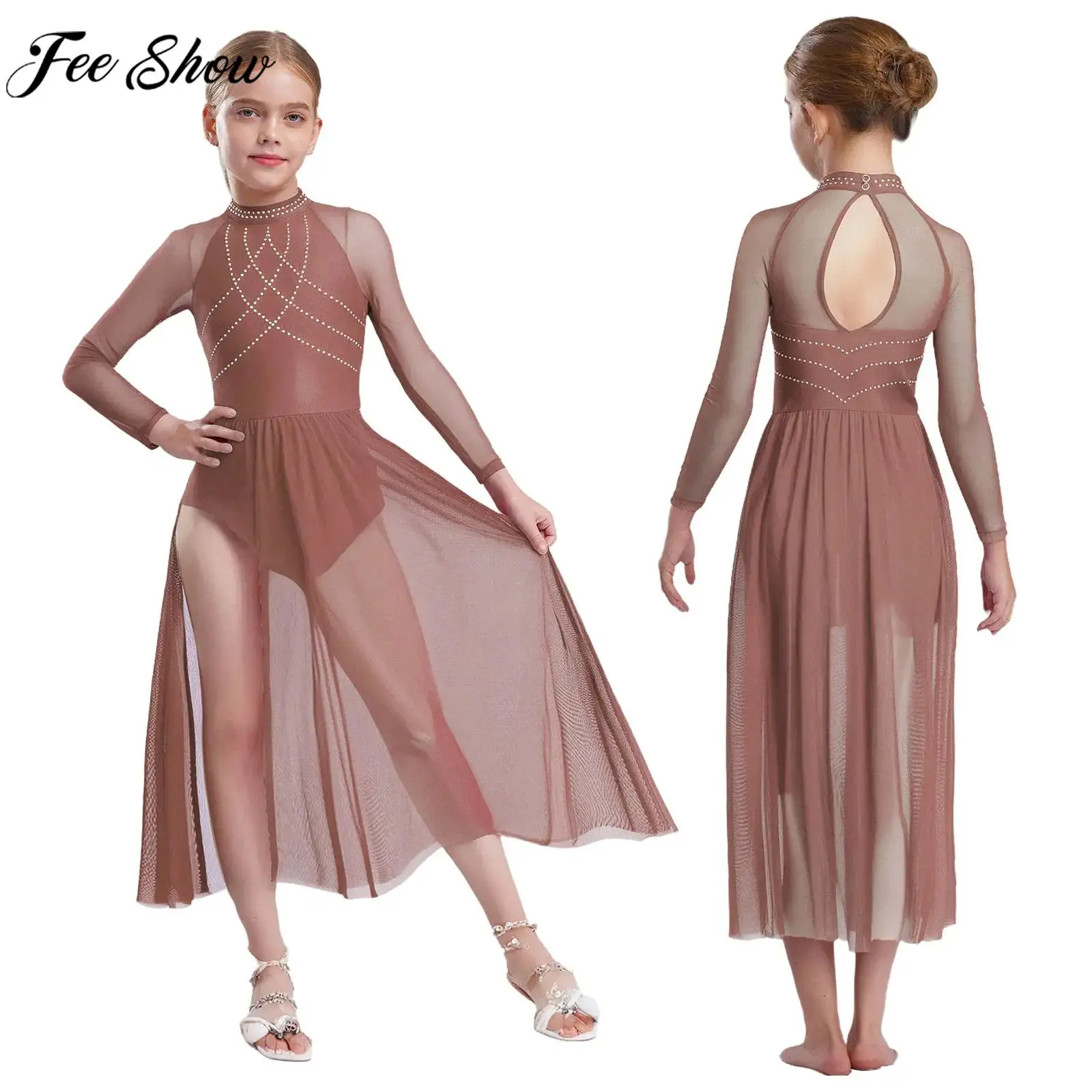 Children Girls Lyrical Dance Leotard Dress Figure Skating Gymnastics Acrobatics Costume Shiny Rhinestones Sheer Mesh Dancewear