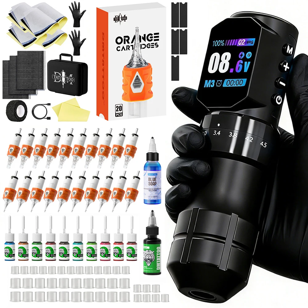 Tattoo Machine Kit Professional Adjustable Stroke Wireless Tattoo Pen Coreless Brushless Motor With Tattoo Blue Soap Tattoo Ink
