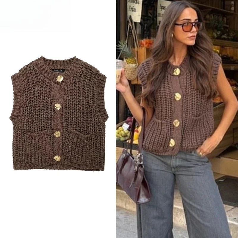 Women's Vest Outerwears Sleeveless Brown Sweater Knit Vest Women Preppy Cropped Sweaters Autumn Winter Vest Woman Knitwears