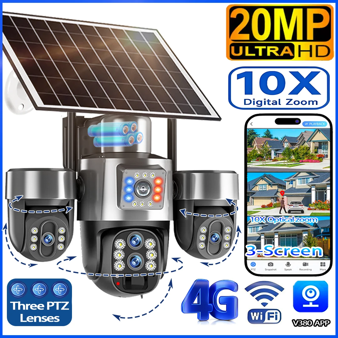 20MP 4G Sim Solar Camera WiFi 10X Optical Zoom 3-PTZ 4-Lens 3-Screens Outdoor Wireless Security Cameras Auto Tracking CCTV V380
