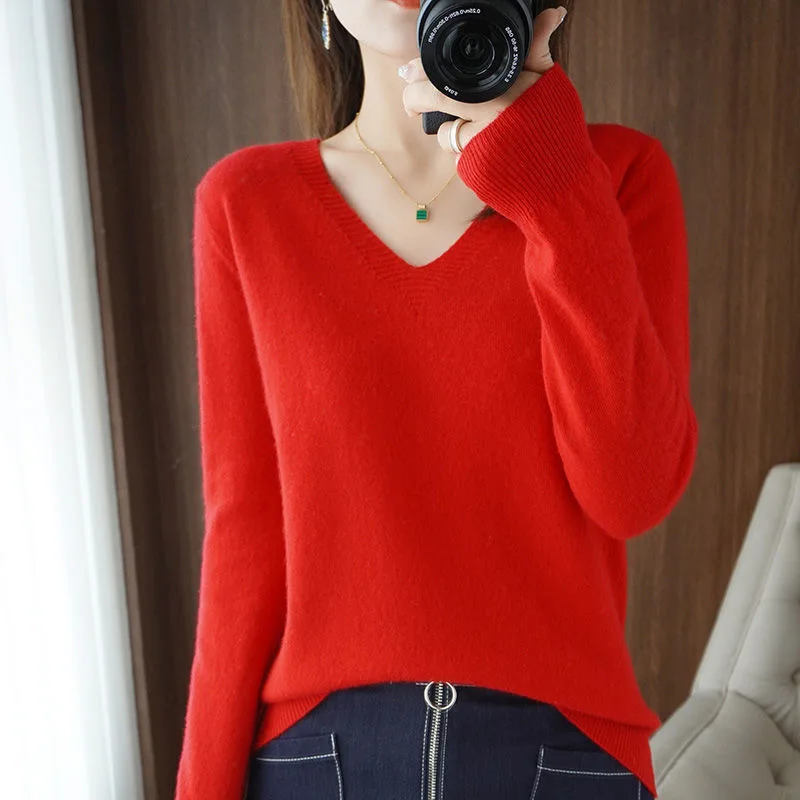 Women Solid Sweater Spring Autumn Woolen Pullovers V-neck Slim Fit Bottoming Shirt Solid Soft Knitwear Jumpers Basic Sweaters