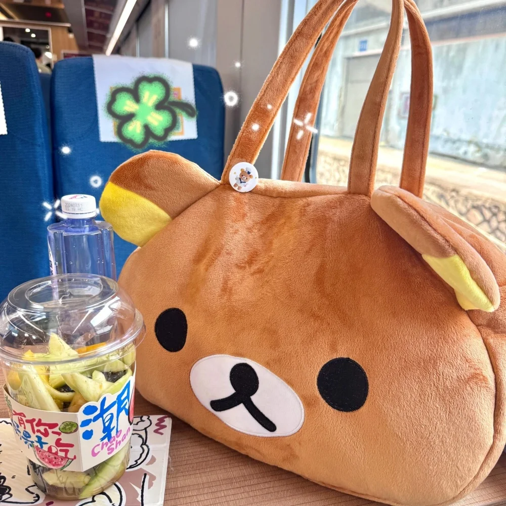 Kawaii Rilakkuma Plush Tote Bag Cute Brown White Bear Cartoon Handbag Soft Casual Shoulder Bag For Women Girl Large Capacity