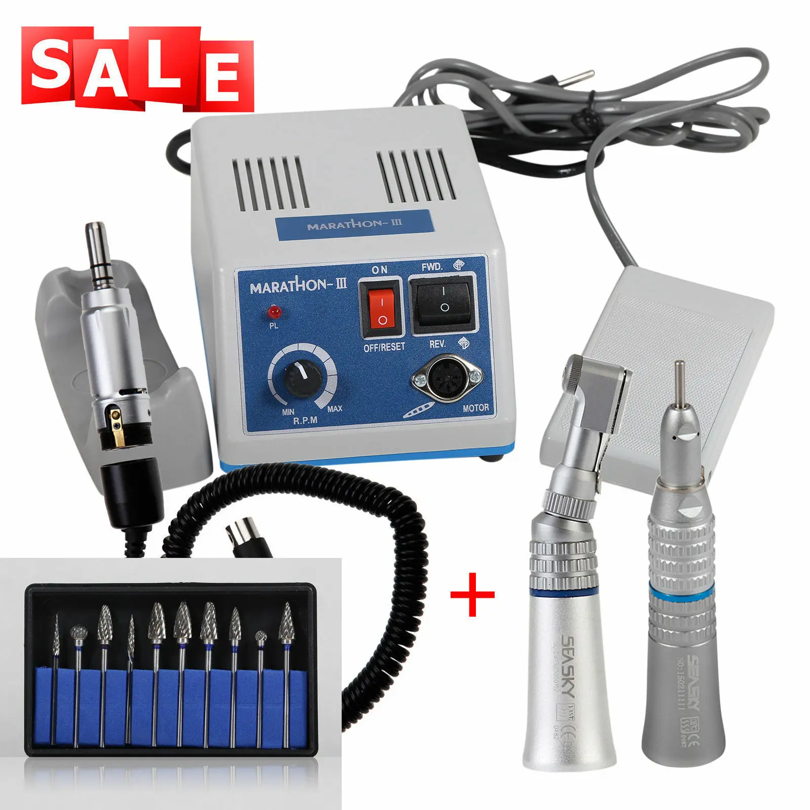 Dental Lab Marathon-III Electric Micromotor +Low Speed Contra Angle Straight Nosecone Handpiece+10PCS Tungsten Steel Carbide Bur
