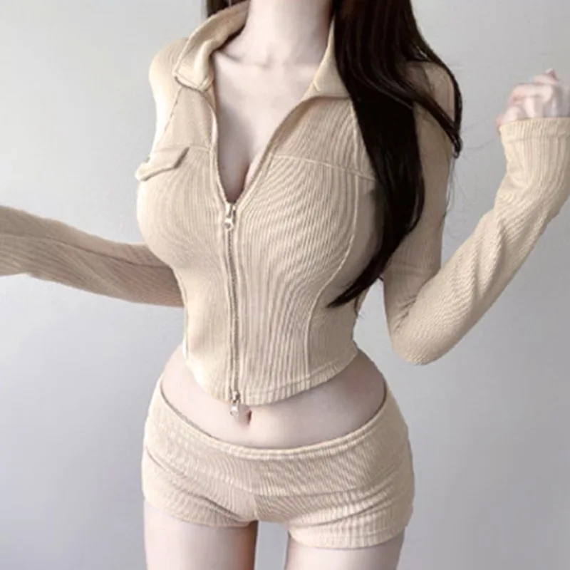 Slim Fit Long Sleeve Sweatshirt Jacket Short Pants Set Sexy Korean Style Polyester Blend Casual Wear for Women
