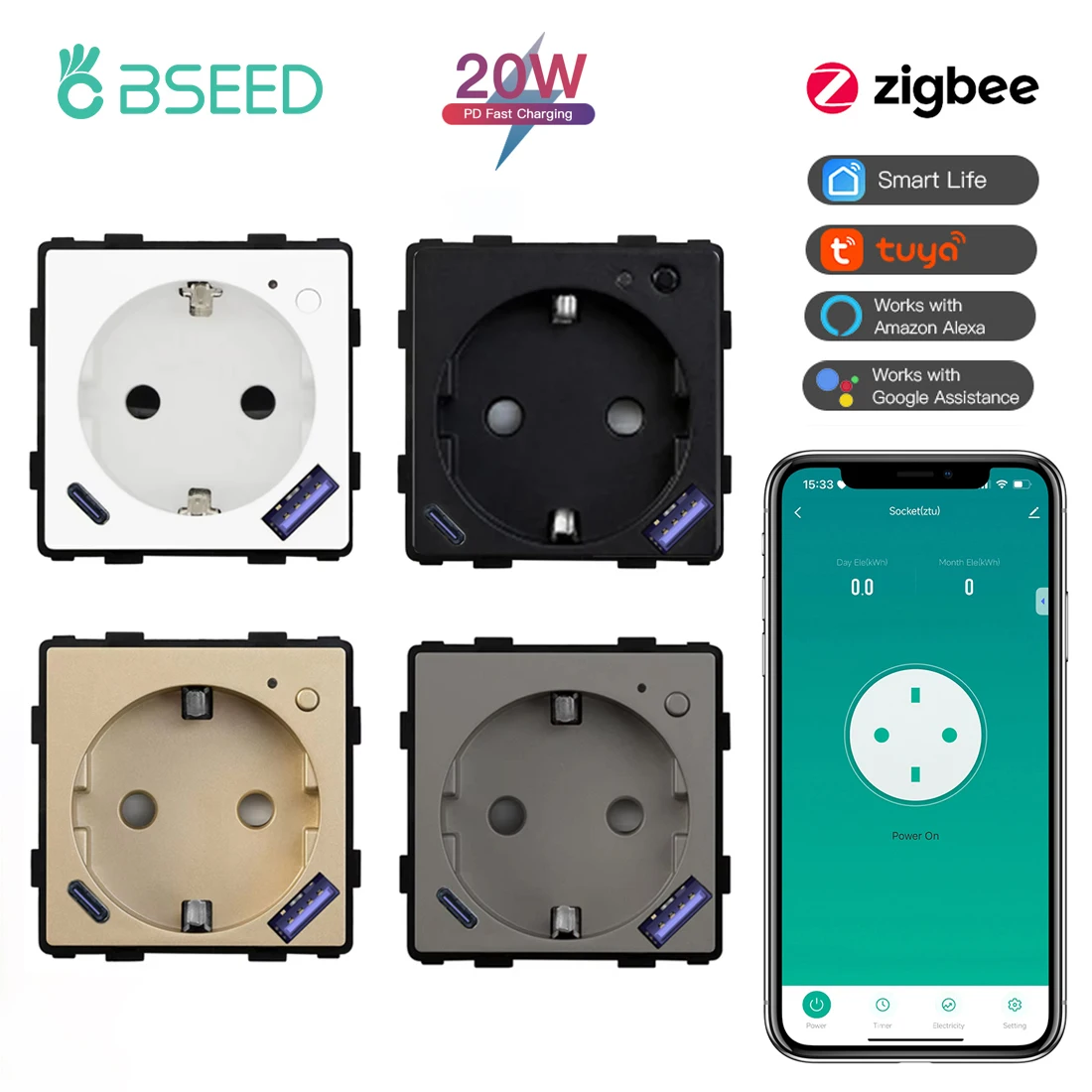 BSEED Zigbee Smart Socket Part Power Monitor Outlet With USB Type-C DIY Parts 20W Fast Charge Tuya Smart Life Alexa App Control