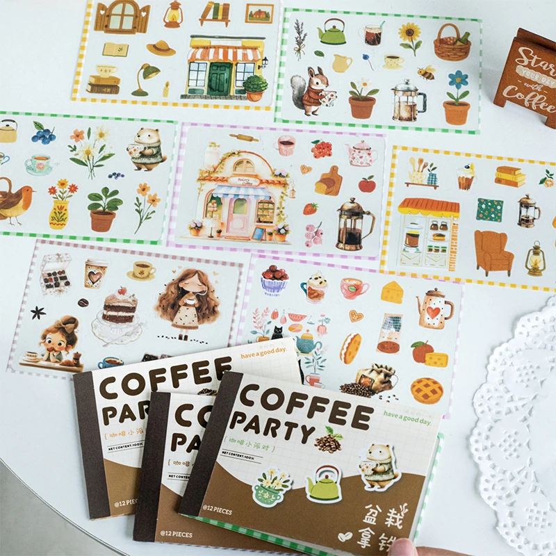 Journal GO 12pcs Coffee Party PET Stickers DIY Scrapbooking Collage Junk Journal Planner Card Decor Stationery Craft Decals