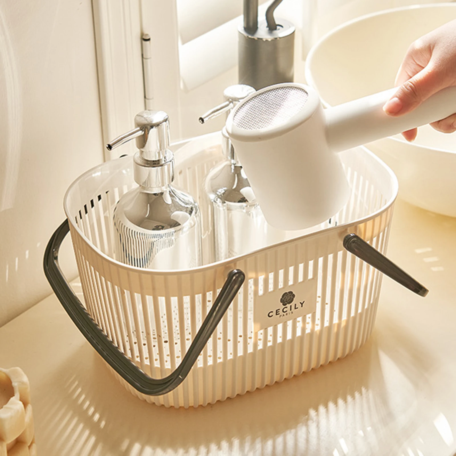 Plastic Organizer Basket with Handles Drainage Toiletry Bin Stackable Storage Basket for Storing Bathroom Body Wash