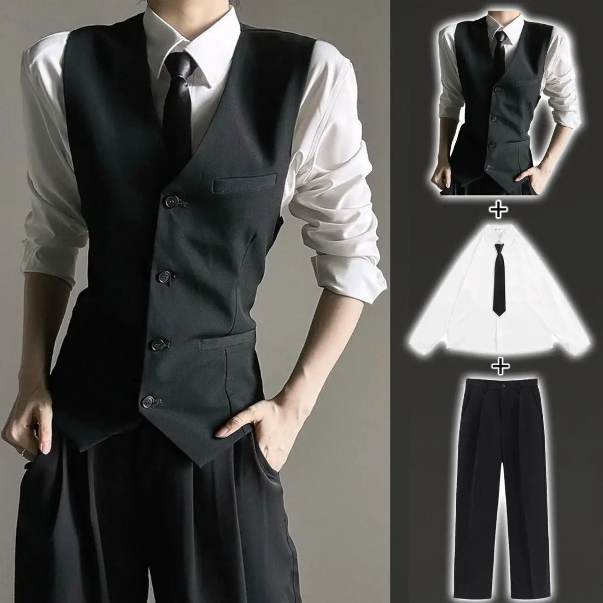 Bla Tee-Piece Suit Vest Set Men's Women's Slim Fit Busin Casual Sle Pure Color Youth Trend Spring Autumn Wear