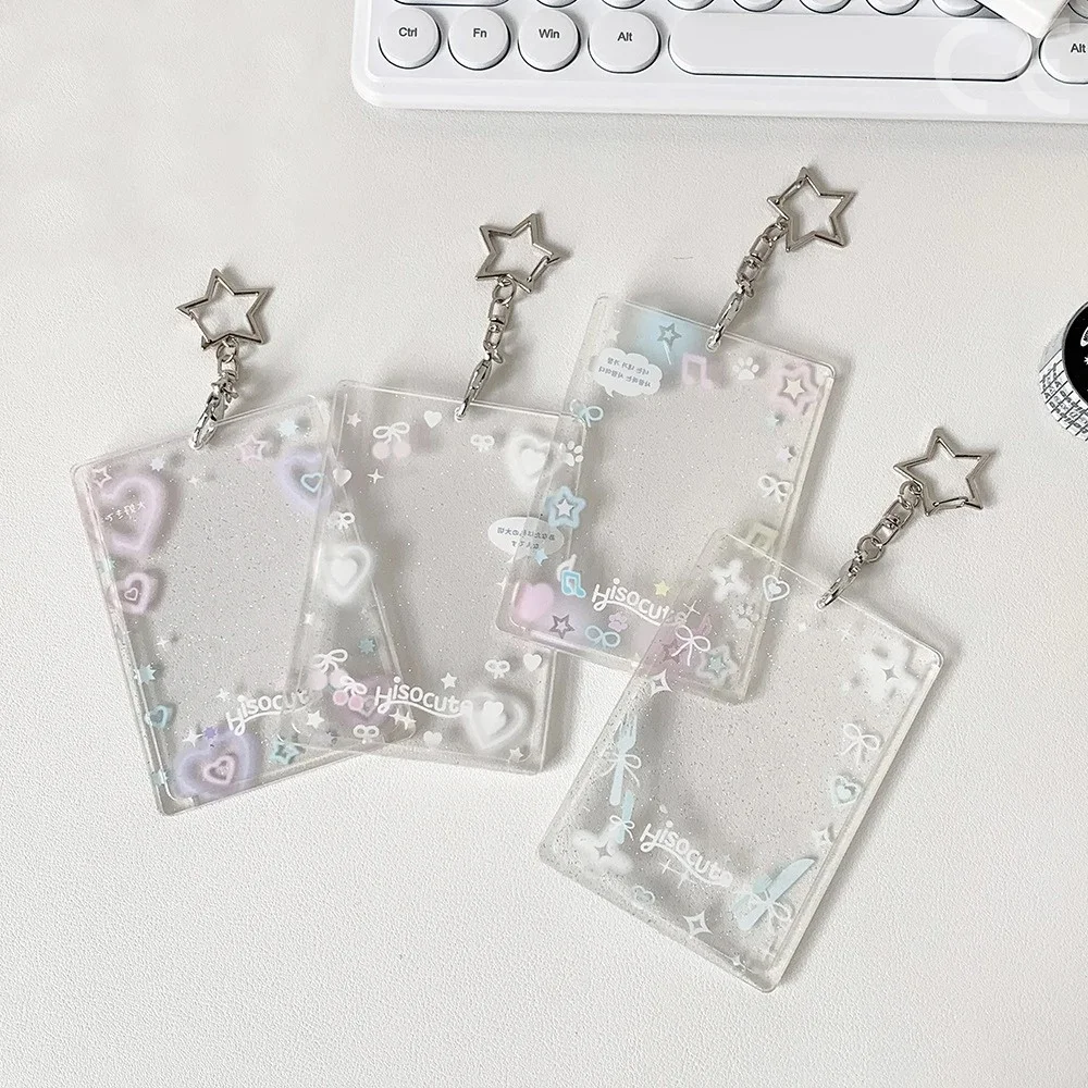 1pc Colorful Graffiti Love Transparent Glitter Card Sleeve Three-inch Small Card Card Brick Key Chain Pendant Photo Protector