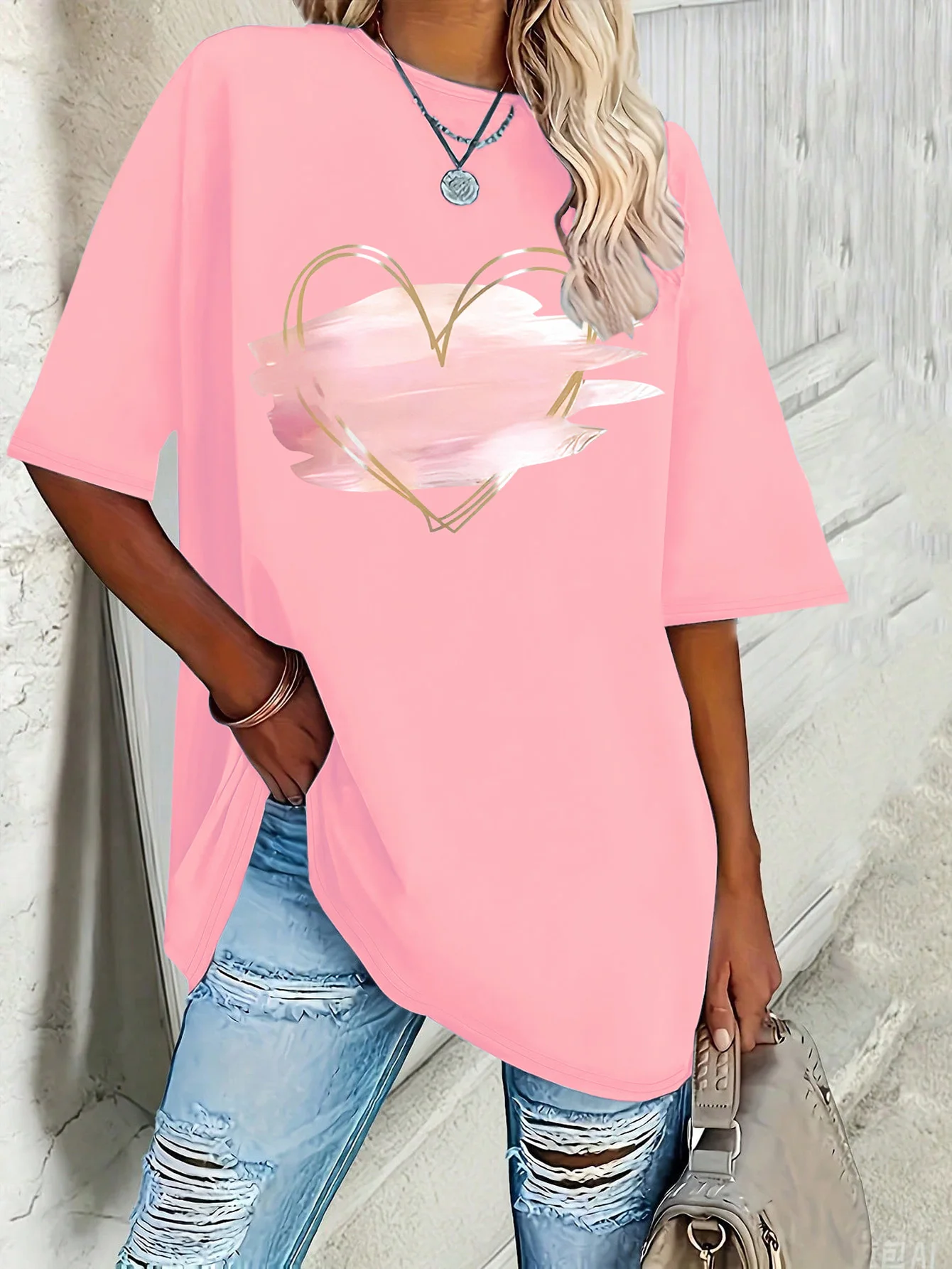 Plus size women's new pink heart-shaped elegant printed T-shirt spring and summer leisure round neck short sleeve top