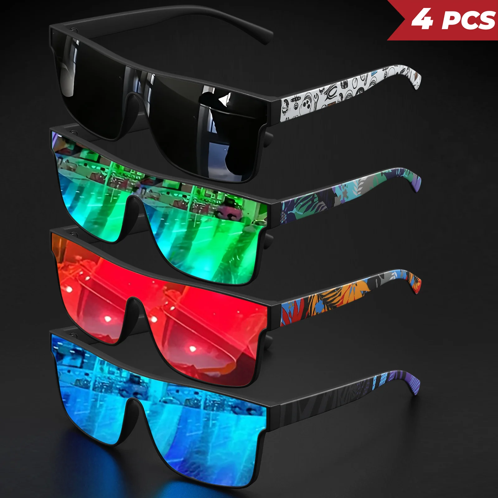 4PCS Colorful Sports Sunglasses - One-Piece Lens with Patterned Temples, UV400 Unisex for Cycling, Hiking & Beach