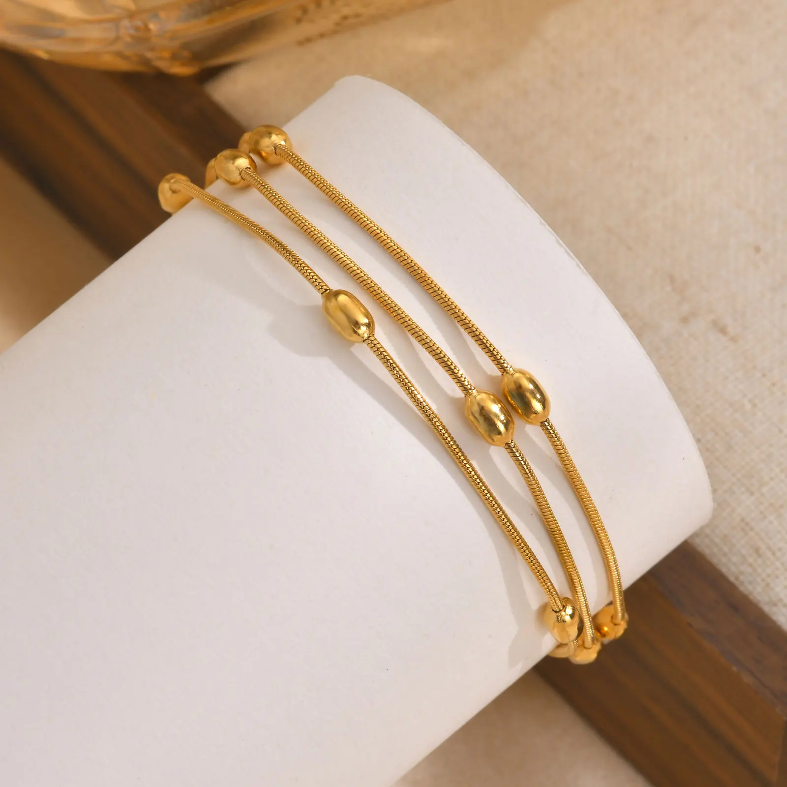 Stainless Steel Three-layer Rice Beads Round Snake Chain Bracelet for Women Girl Gold Color Multilayer Bracelets Fashion Jewelry