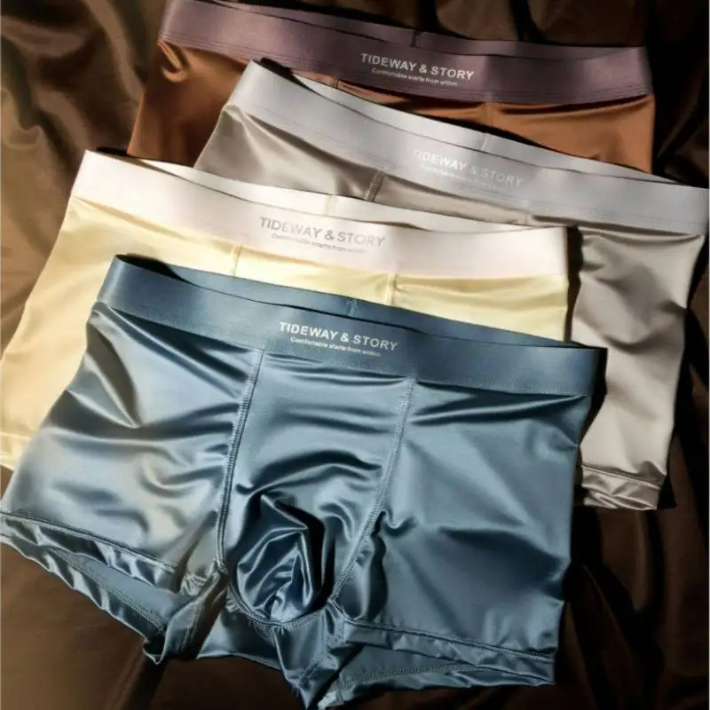 4 pcs Luxury Ice Silk Satin-like Men's Underpants Boxershort Solid Man Underwear Breathable Men's Panties
