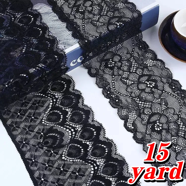 15 Yards of Exquisite Elastic Lace Trim, Width 8.66inch - Black and White Floral Embroidery Pattern, 15/10/5/3/1 Yards Suitable for Skirt Hems, Clothing Accessories, Collar and Cuff Extensions, Stockings, Tank Tops, Wedding Dresses, Underwear, Bra Accessories, Clothing Lace Fabric, Home Textiles, Hair Accessories, Decorations, Gloves, Curtains, Toy Packaging and Crafts, and Other Various Household Clothing Accessories