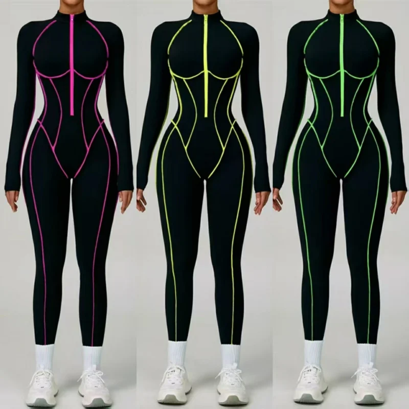 Tight Backless Contrast Jumpsuit Woman Gym Workout Sports Running Fitness Jumpsuits Women Slim Zipper Long Sleeve Yoga Clothes