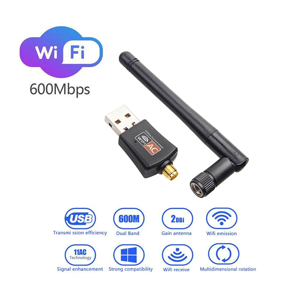 600Mbps Dual Band USB wifi Adapter AC600 2.4GHz 5GHz WiFi with Antenna PC Mini Computer Network Card Receiver 802.11b/n/g/ac