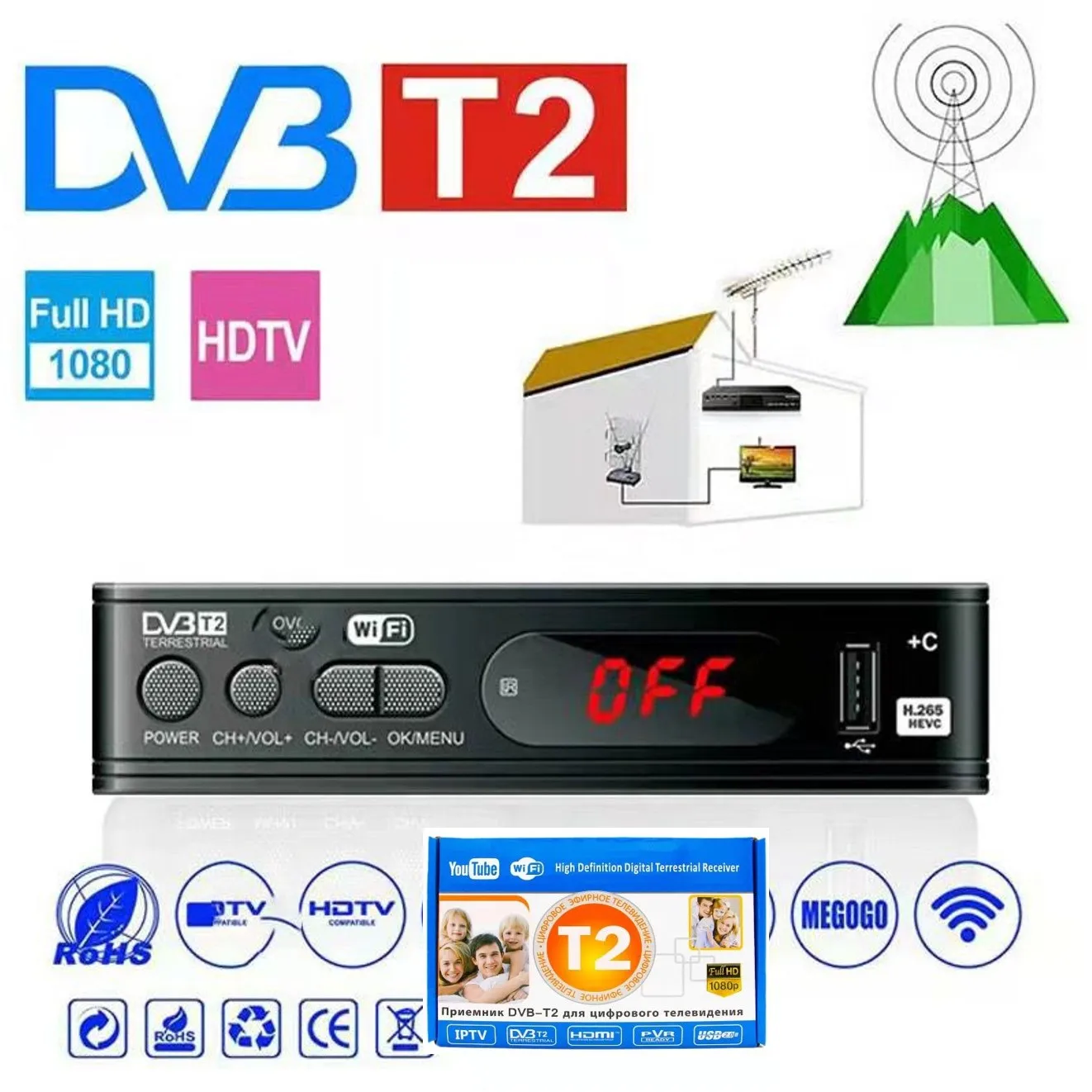 for Israel Africa DVB-T2 DVB-T TV Tuner Terrestrial Satellite TV Receiver HD 1080P Conversor Digital TV HD Set Top Box H.264