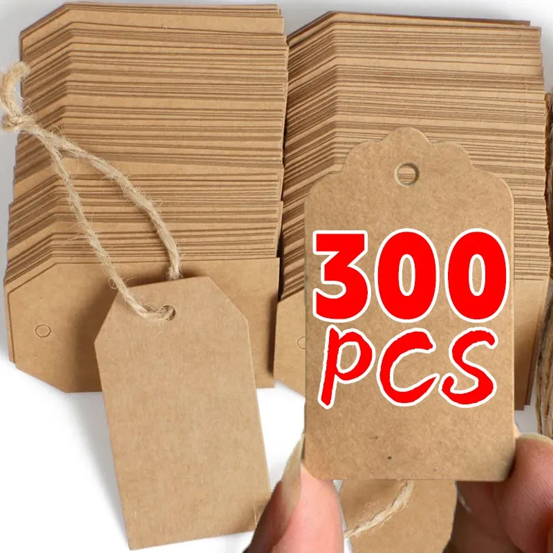 100/300pcs Blank Kraft Paper Tags DIY Gift Packaging Label with Strings Hang Tags Sewing Garment Wedding Birthday Party Supplies