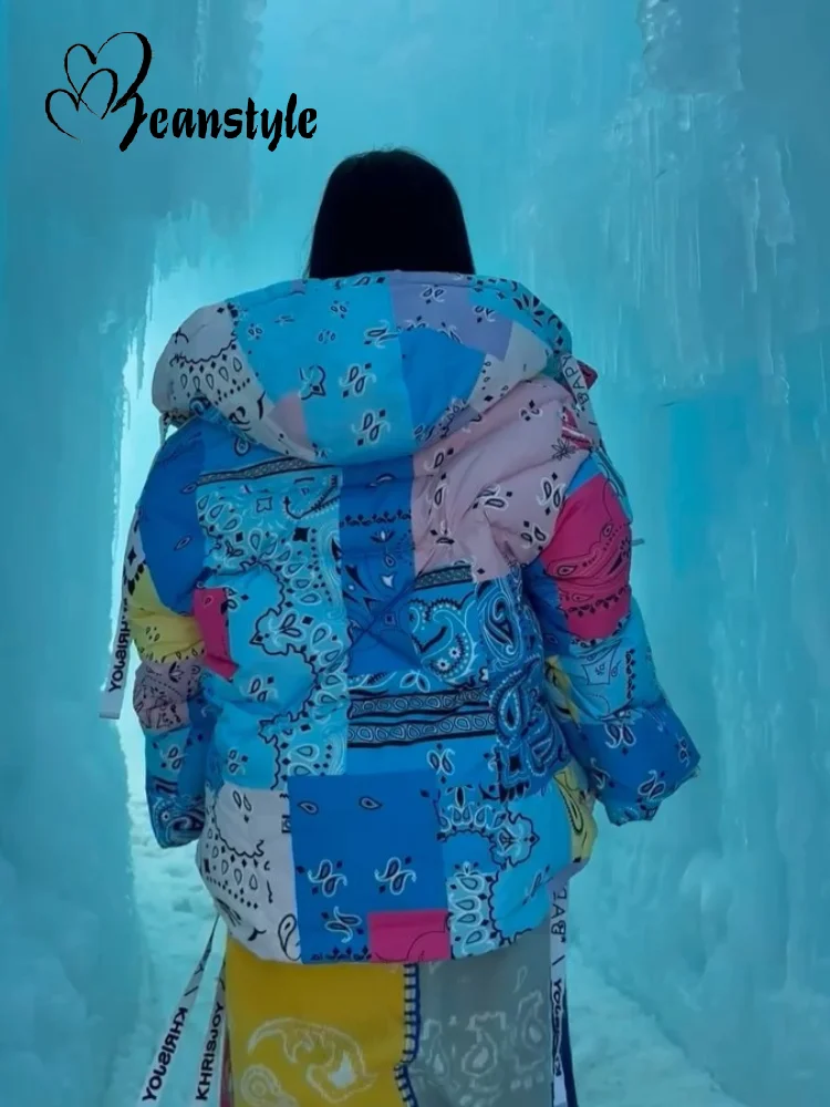 Casual Printed Thicken Cotton Coats Women Hooded Zipper Warm Drawstring Lady Jackets 2025 Winter Fashion Female Street Coat