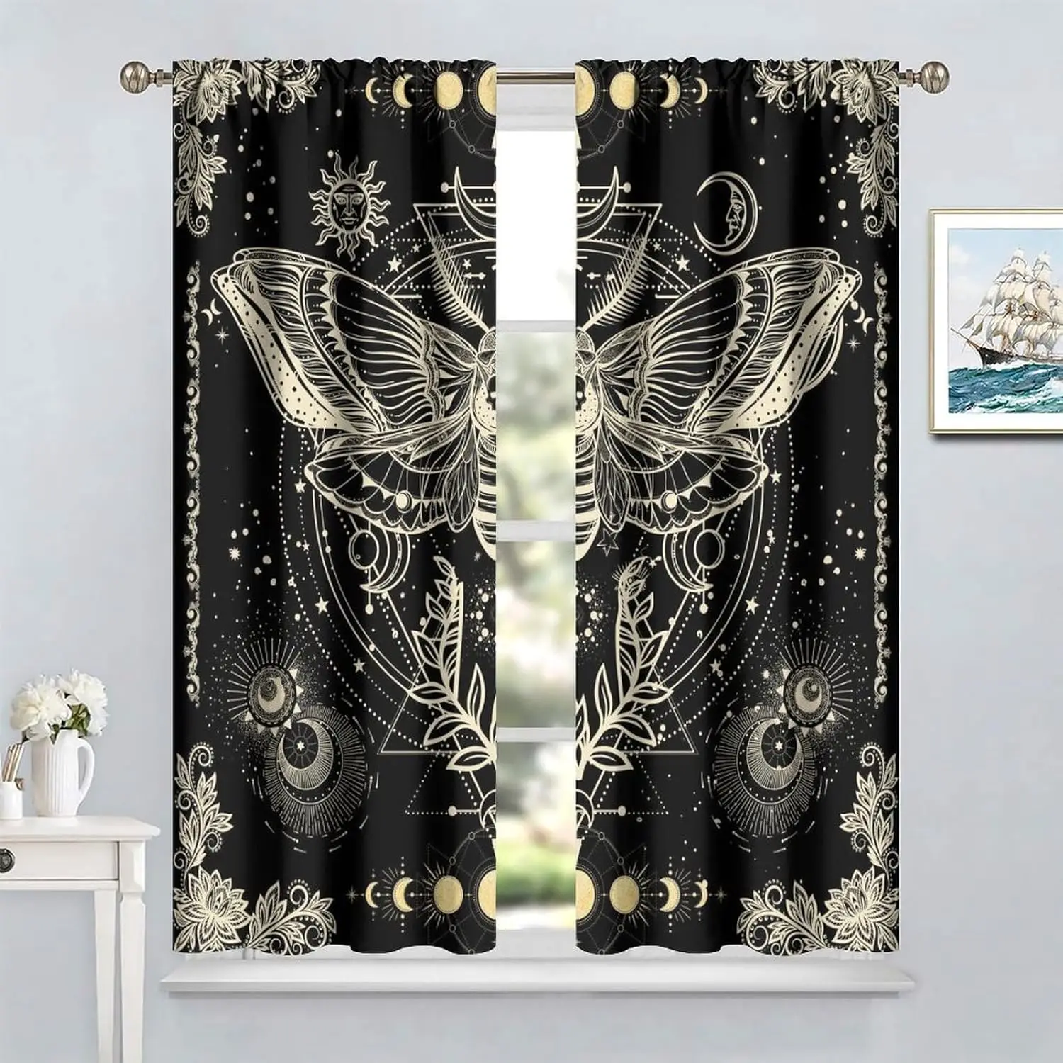 Fantasy Moth Butterfly Curtains Boho Gothic Magic Sun Moon Star Floral Rod Pocket Blackout Window Drapes for Living Room Bedroom