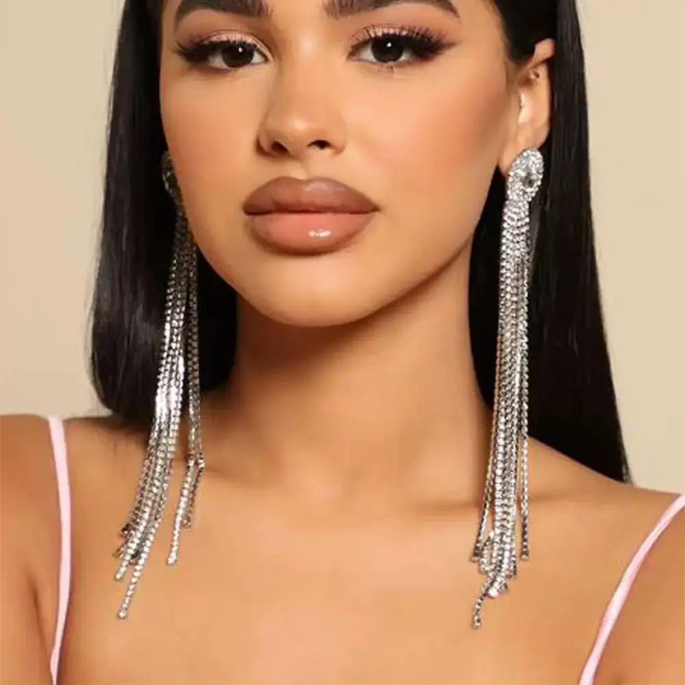 Fashionable Long Tassel Earrings Women's Classy Diamond Ear Jewelry Elegant Dangle Studs Luxury Style Commute Accessory