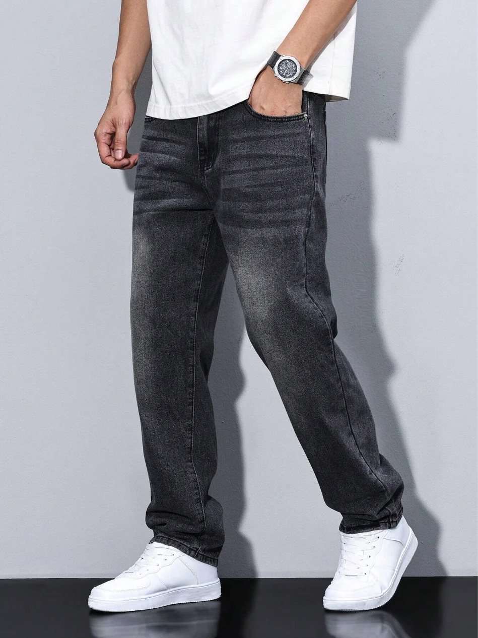 Men's Black Washed Loose-Fit Jeans Straight-Leg Casual Streetwear Trousers for Daily Wear Comfortable Denim-Like Pants