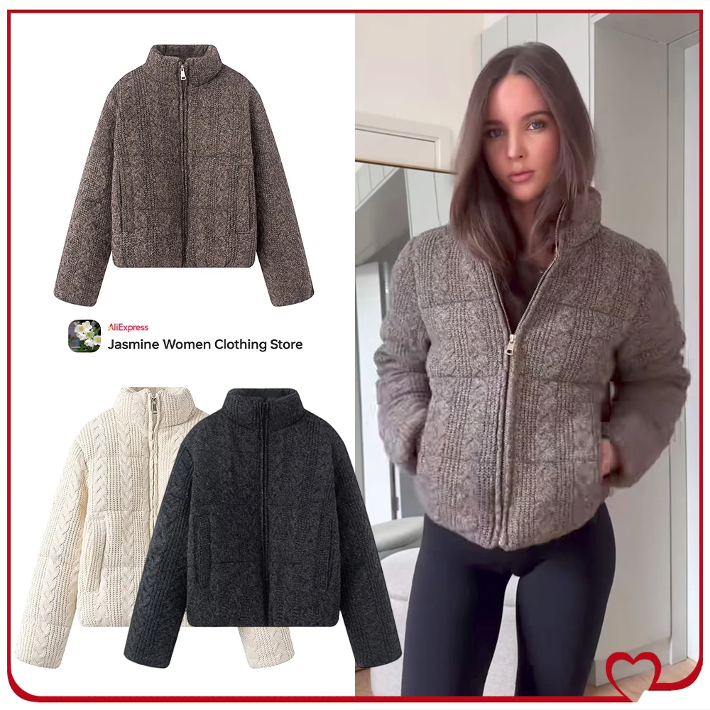 Stylish High Collar Long Sleeves Zippered Parka for Women Cozy Cable Knit Padded Bomber Anorak with Welt Pockets and Elastic Hem