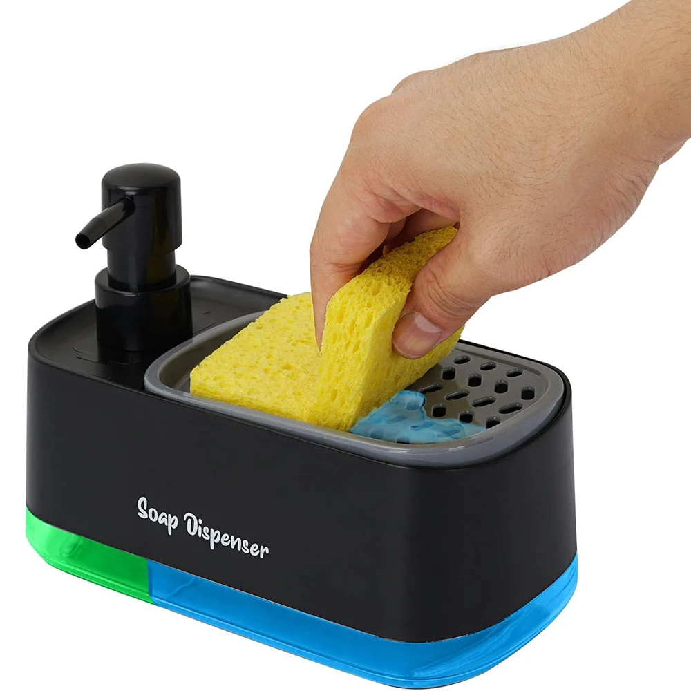 Acrylic Kitchen Hand and Dish Soap Dispenser Set Detergent Dispenser Sponge Holder Black Hand Wash Liquid Dispenser for Kitchen