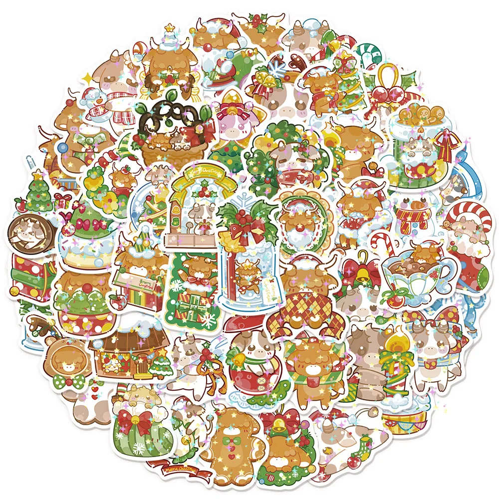 50PCS Christmas Cute Shining Little Cow Sticker Manual Laptop Guitar Luggage Bicycle Skateboard Waterproof Sticker Toy