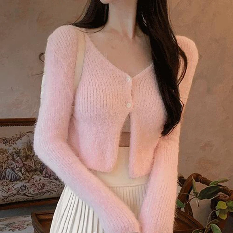 Fuzzy Knit Top Sweater Cardigan Women Long Sleeve Button Up Crop Sweater Jacket Teen-girl Autumn Winter Y2K Outfit