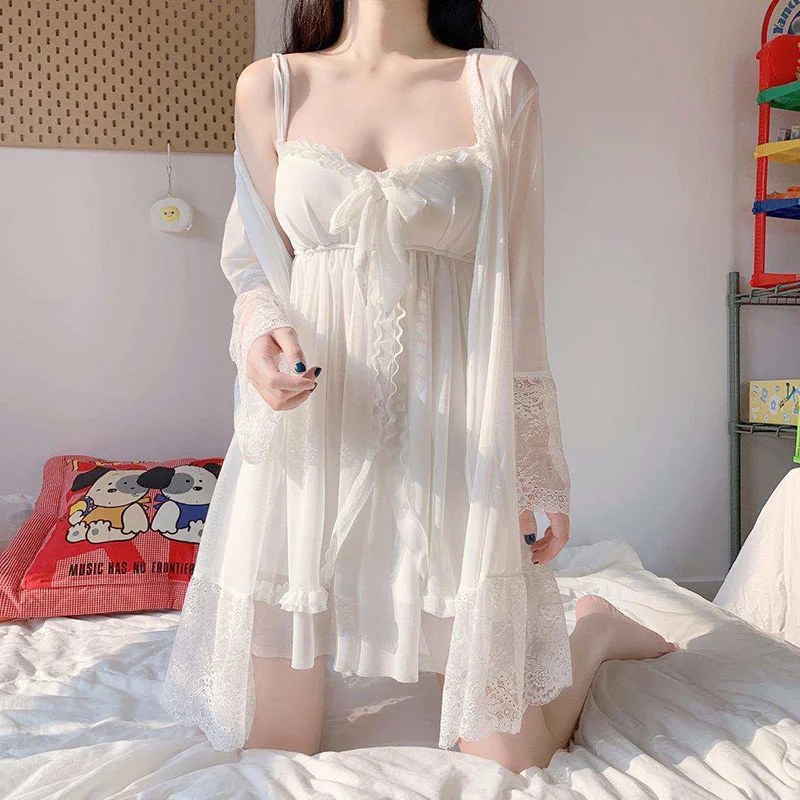 Elegant Sweet Simple Solid White Women Robe Gown Sets Chic Lace Bow Mesh Sleepwear Breathable Slim Nightdress
