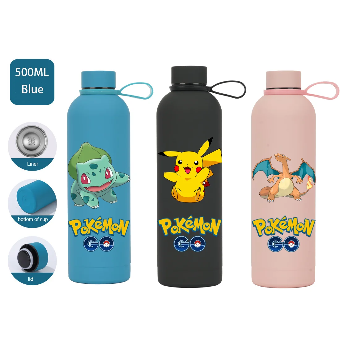 500ML Pokemon Pikachu Charizard Bulbasaur Thermos Bottle Vacuum Flasks Small Diameter Keep Cold and Hot Sports Water Bottles