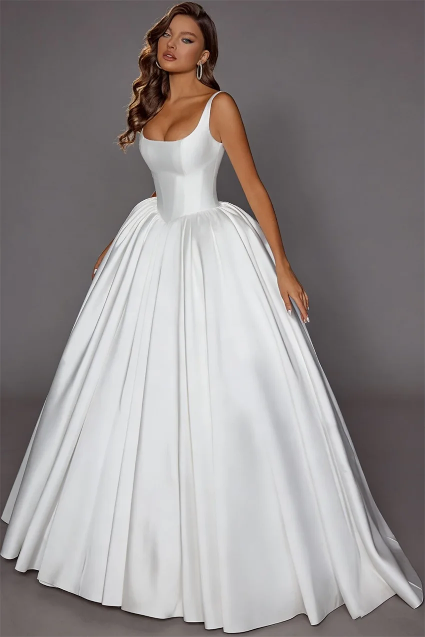 Customized Elegant A-line Simple Satin Wedding Dresses for Bride Sleeveless Bridal Dress Square Collar Bride Gown Robe De Mairee