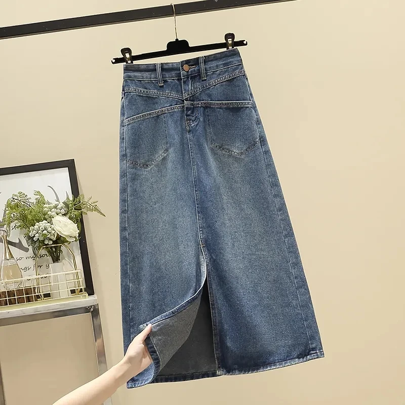 Vintage High waist Denim Split Skirt 5XL Women 2025 Spring Autumn New Korea Slim Long A line Denim Skirt Ladies Casual Clothing