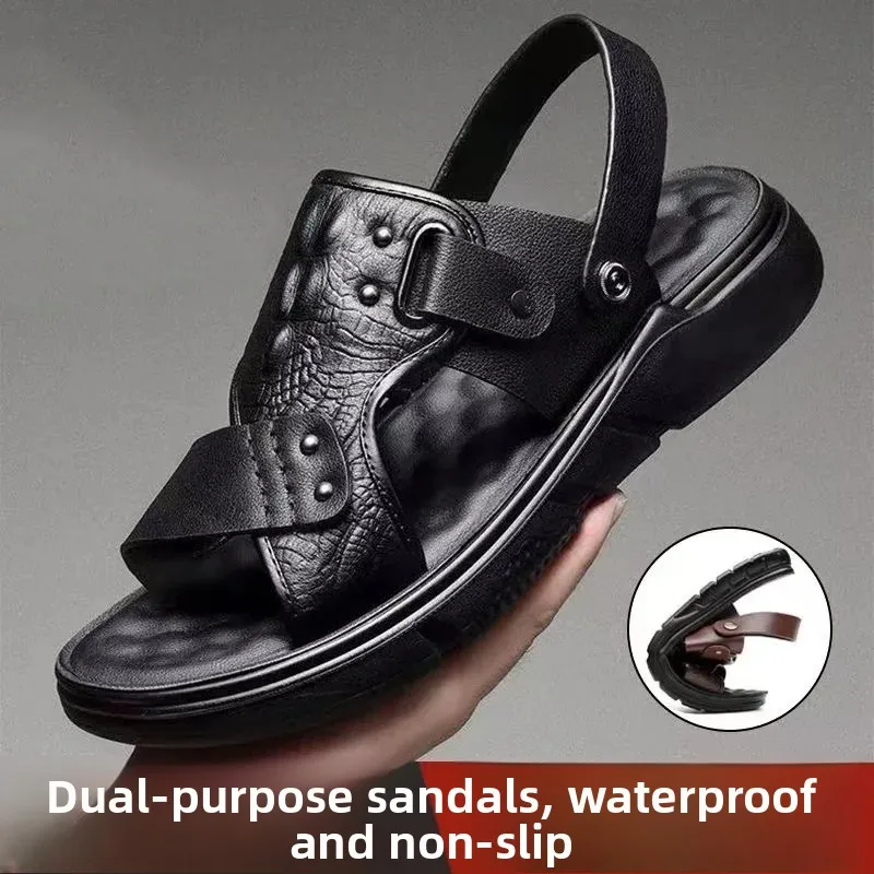 Men's Summer Outdoor Anti-Slip Thick Bottom Sandals Driving Dual-Purpose Beach Shoes Slip-On PVC Material Comfortable Flats