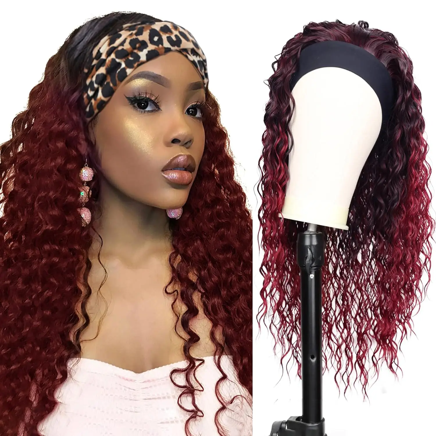 Synthetic Headband Wigs for Black Women Wet and Wavy Headband Ombre Red Long Curly Dark Roots Glueless Heat Resistant Daily Use