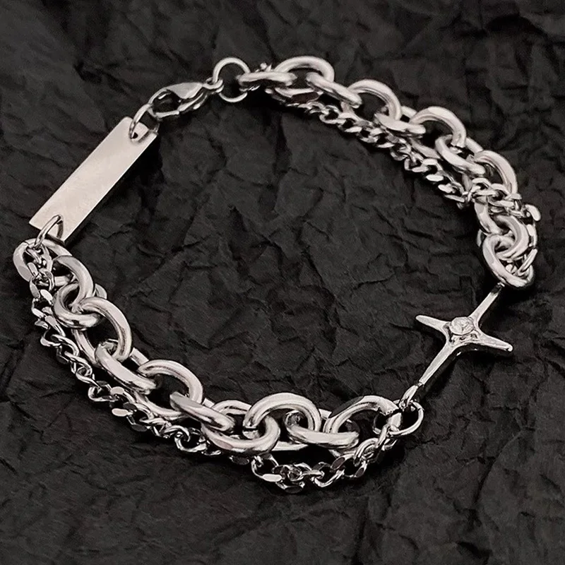 Vintage Y2K Goth Star Multilayer Chain Bracelets Punk Cross Stars Bracelet for Women Men Hip Hop Cool Bracelet Fashion Jewelry